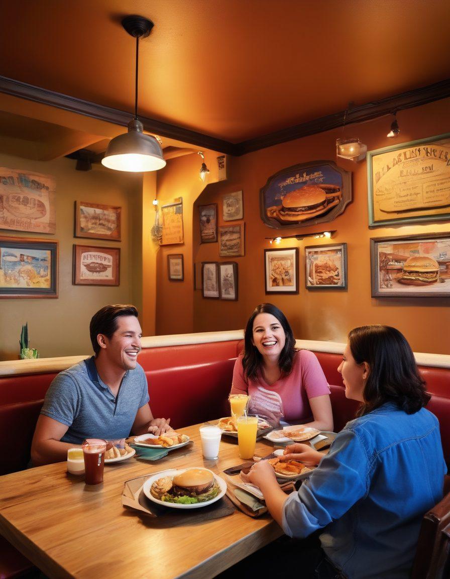 A cozy Texas burger restaurant interior, showcasing a family enjoying a delicious meal with colorful plates filled with mouth-watering burgers, fries, and drinks. The walls adorned with Texas memorabilia and warm lighting create a welcoming atmosphere. Children laughing and sharing stories at the table, while a friendly staff member serves smiles along with their food. The scene captures the essence of comfort food culture. super-realistic. vibrant colors. warm lighting.