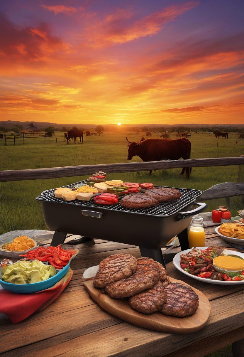 A vibrant Texas landscape featuring a BBQ grill with mouth-watering burgers sizzling and a colorful Tex-Mex platter alongside, all set against a backdrop of longhorn cattle and a sunset sky. Incorporate a rustic wooden table adorned with condiments and spices, capturing the warmth of Texas cuisine. super-realistic. vibrant colors. 3D.