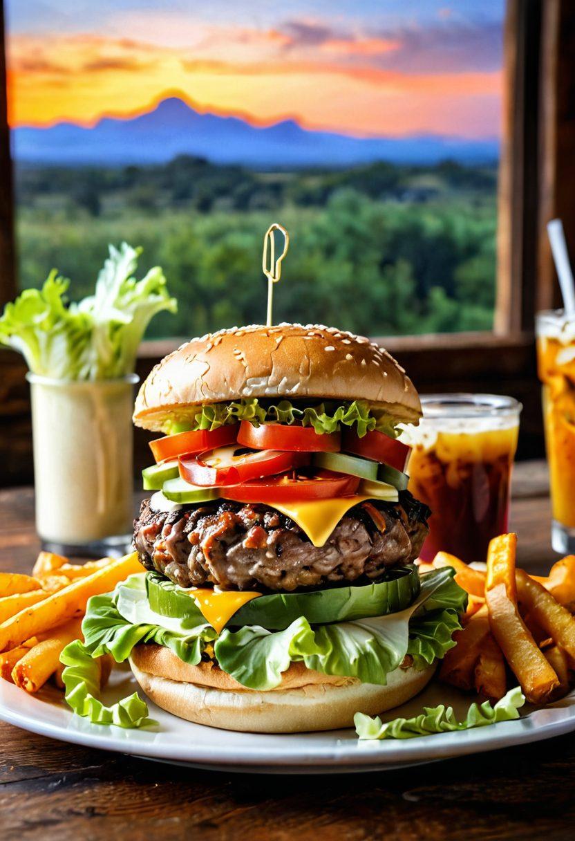 A rustic Texan diner setting showcasing a mouthwatering, fully loaded country-style burger with juicy beef patty, fresh lettuce, tomatoes, pickles, and melted cheese, plated on a wooden table. Surrounding the burger, vibrant side dishes like sweet potato fries and homemade coleslaw, with a backdrop of vintage Texan memorabilia and a scenic view of Texas landscapes through the window. warm lighting creates an inviting atmosphere. super-realistic. vibrant colors. rustic style.